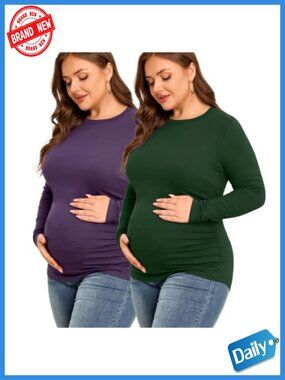 Plus Size Maternity Crewneck Tops Ruched Side Hip Length Soft
